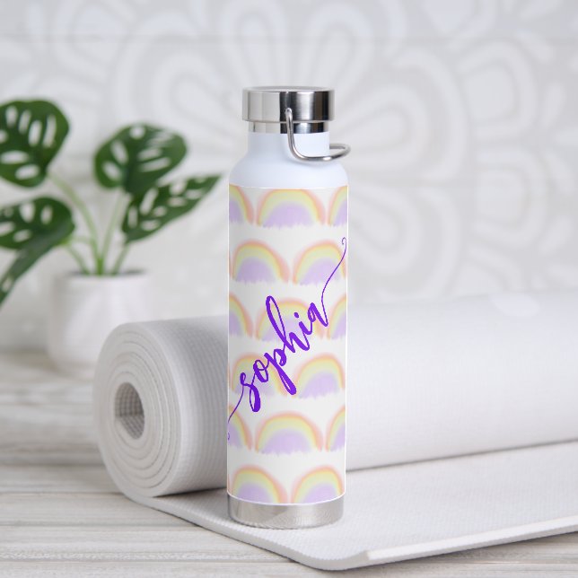Name script colourful rainbow pattern personalised water bottle (Yoga)