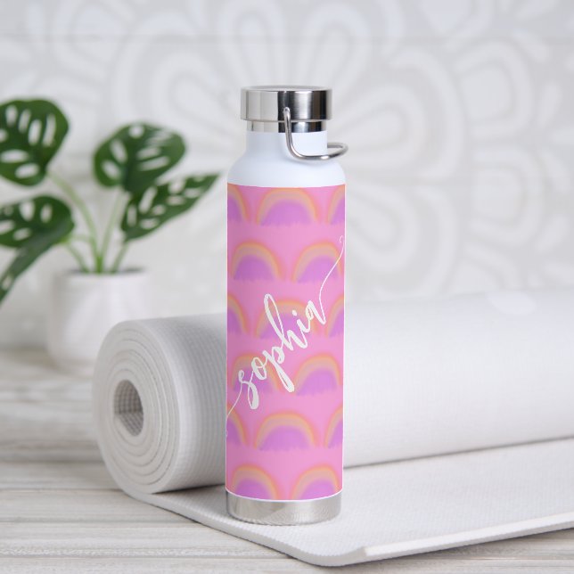 Name script colourful rainbow pattern personalised water bottle (Yoga)