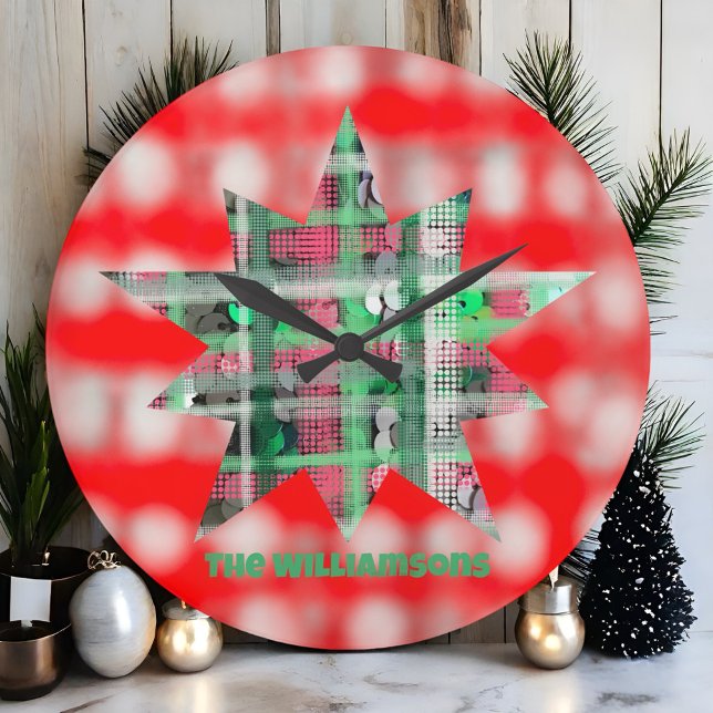 Name script festive star plaid red green white  large clock (Creator Uploaded)