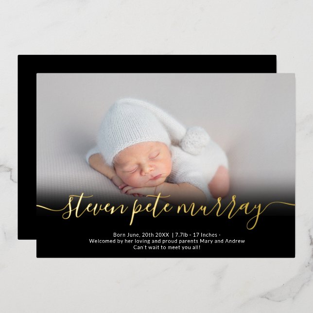 Name script gold photo baby birth announcement (Front/Back)