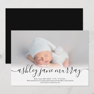 Name script heart photo black neutral baby birth announcement