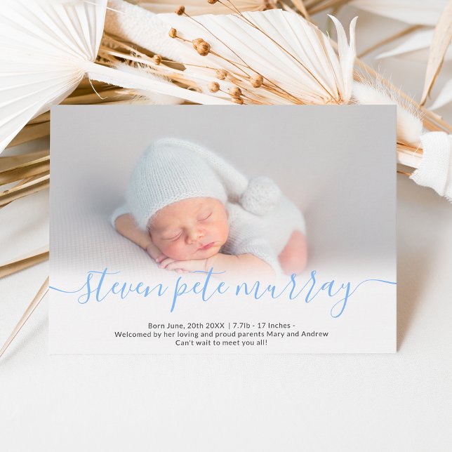 Name script heart photo blue boy baby birth announcement (Creator Uploaded)