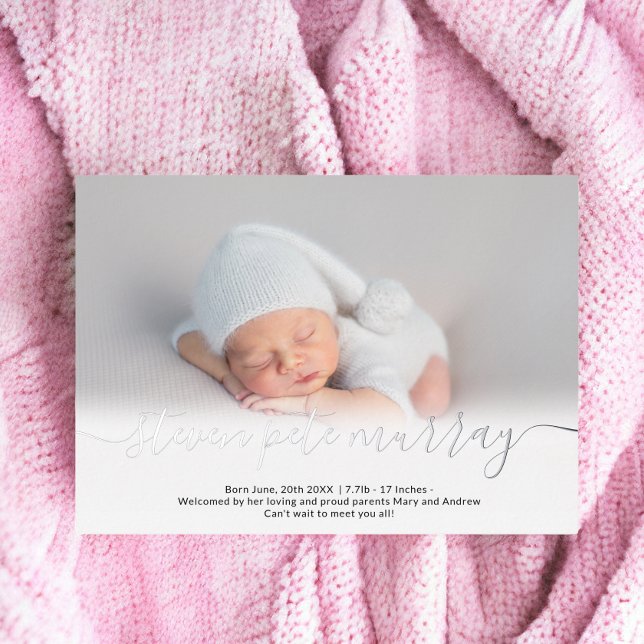 Name script photo baby birth announcement silver (Name script photo baby birth announcement silver)