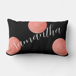 Name Script Rose Gold Black Watercolor Polka Dots Lumbar Cushion