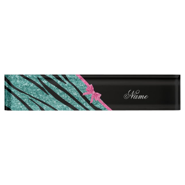 Name seafoam green glitter zebra stripes pink bow nameplate (Front)