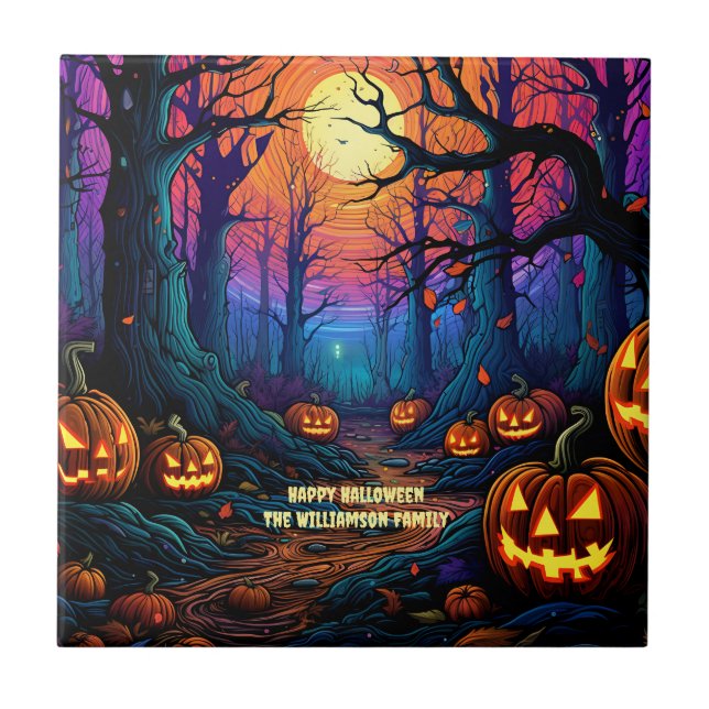 Name Sentiment Spooky Halloween Pumpkin Tile (Front)