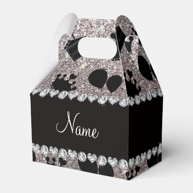Name silver glitter crowns balloons cake favour box (Front Side)