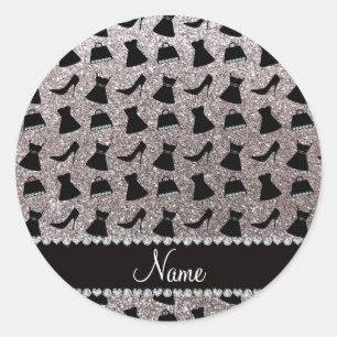 Name silver glitter high heels dress purses classic round sticker