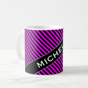 Name + Simple Fuchsia & Black Stripes Pattern Mug