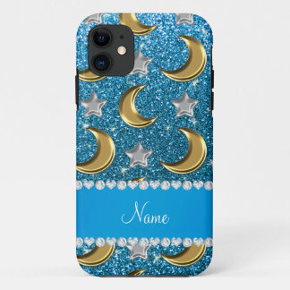 Name sky blue glitter gold moons silver star iPhone 11 case