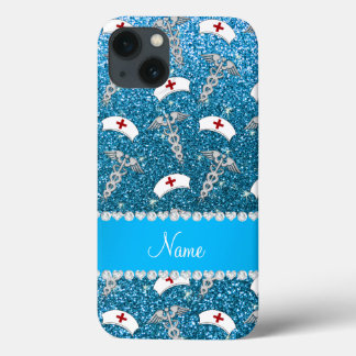 Name sky blue glitter nurse hats silver caduceus iPhone 13 case