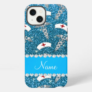 Name sky blue glitter nurse hats silver caduceus iPhone 13 case