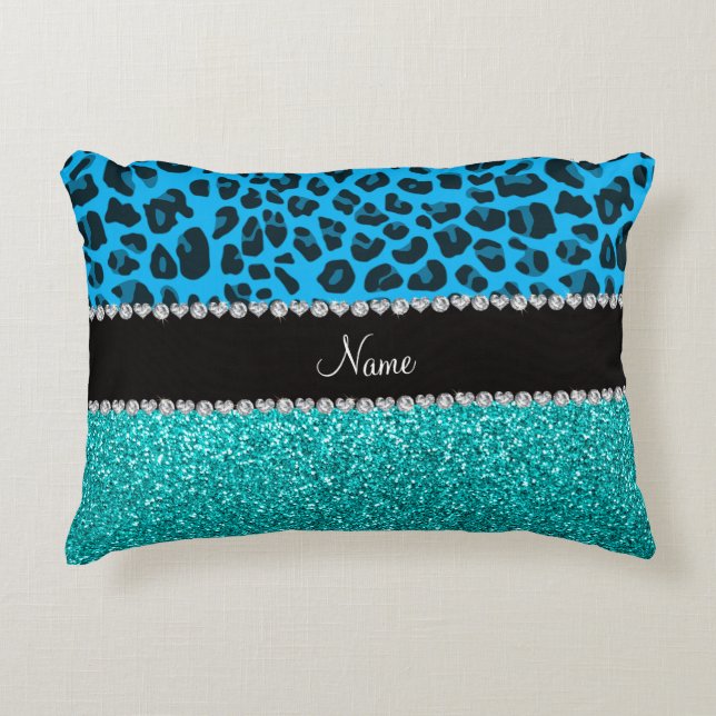 Name sky blue leopard turquoise glitter decorative cushion (Front)