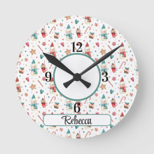Name, Snowman Hearts Candy Pattern 8-in Acrylic Round Clock