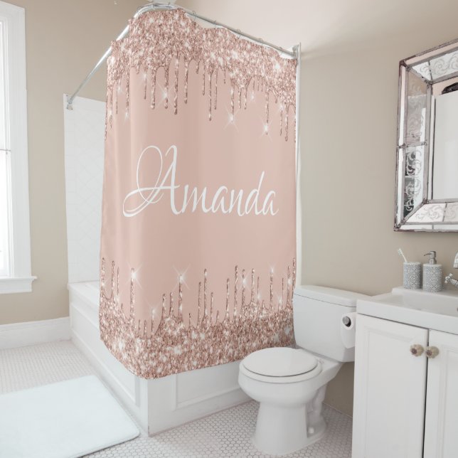Name Sparkly Glitter Drips Pink Rose Girly Blush Shower Curtain (In Situ)