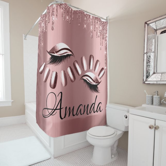 Name Sparkly Glitter Drips Pink Rose Girly Nails Shower Curtain (In Situ)