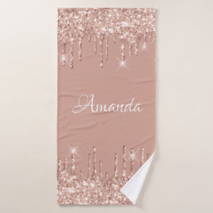 Name Sparkly Glitter Drips Pink Rose Gold Pastel Bath Towel