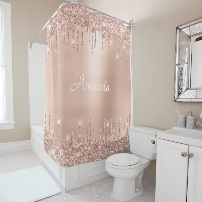 Name Sparkly Glitter Drips Pink Rose Gold White Shower Curtain (In Situ)