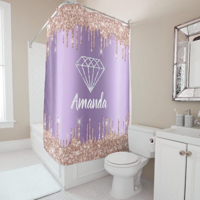 Name Sparkly Glitter Drips Rose VioletPurple Bride Shower Curtain (In Situ)