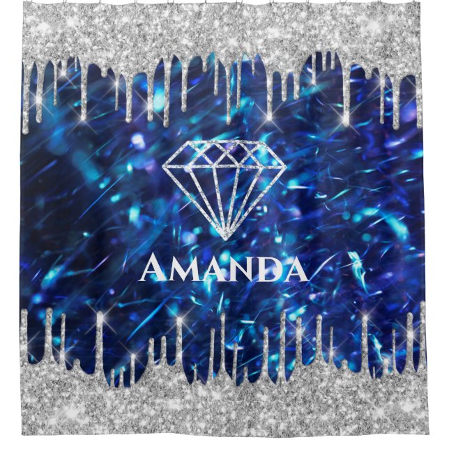 Name Sparkly Glitter Drips Silver  Navy Blue Bride Shower Curtain (Front)