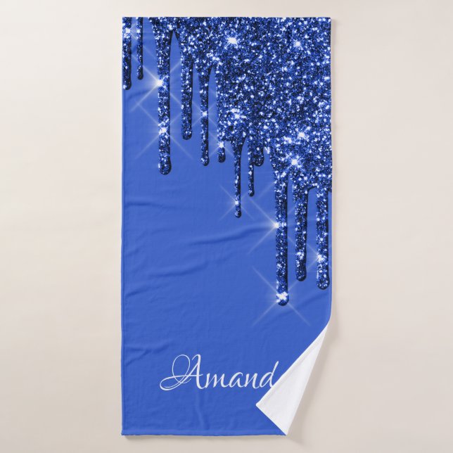 Name Sparkly Glitter Drips Spark Blue Navy Bath Towel (Bath Towel)