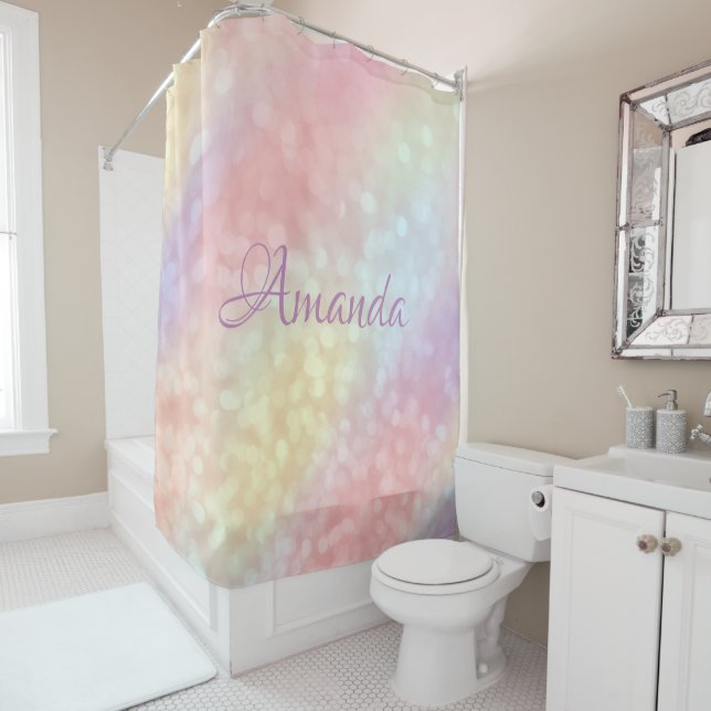 Name Sparkly Monogram Pink Rose Blush Unicorn Shower Curtain (In Situ)