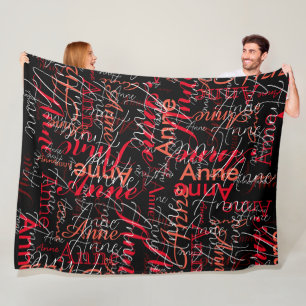 Name Stamped in Red all-over BLACK Fleece Blanket