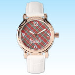 Name, Stewart Tartan Plaid, White Leather Womans Watch<br><div class="desc">Ladies rose gold round watch featuring royal Stewart tartan plaid background, white primary numbers, script name and vintage white leather strap. Easily change curved script name, replace with monogram initials or remove to make it yours using the Template provided. This rose gold style is available with a black or brown...</div>