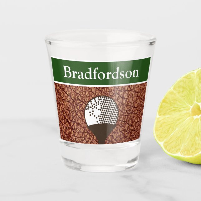 Name Stylish Golfers Masculine Brown Faux Leather Shot Glass (Front)