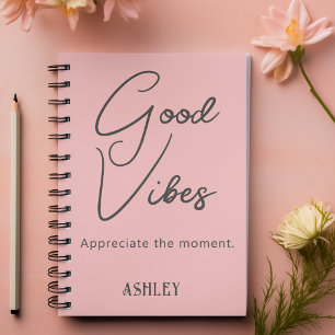 Name, Stylish Good Vibes Spanish Pink Spiral Notebook