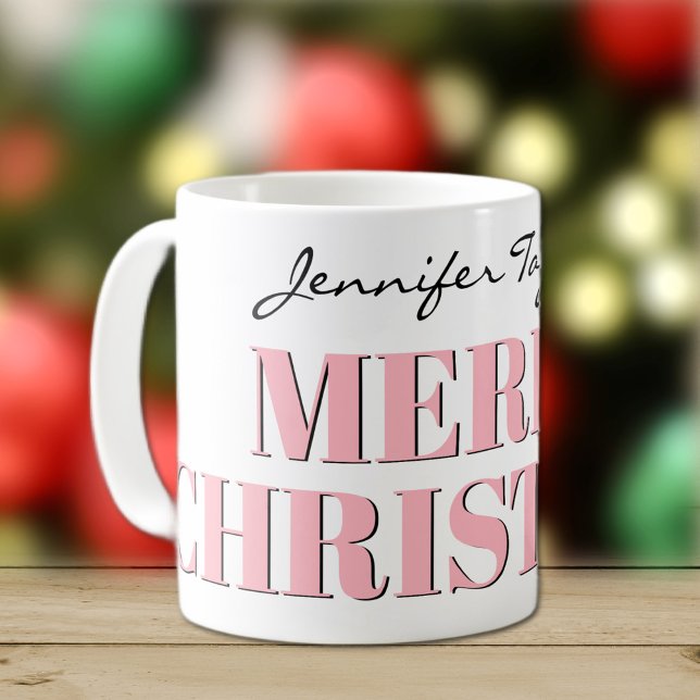 Name, Stylish Pink Merry Christmas Classic Coffee Mug (Creator Uploaded)