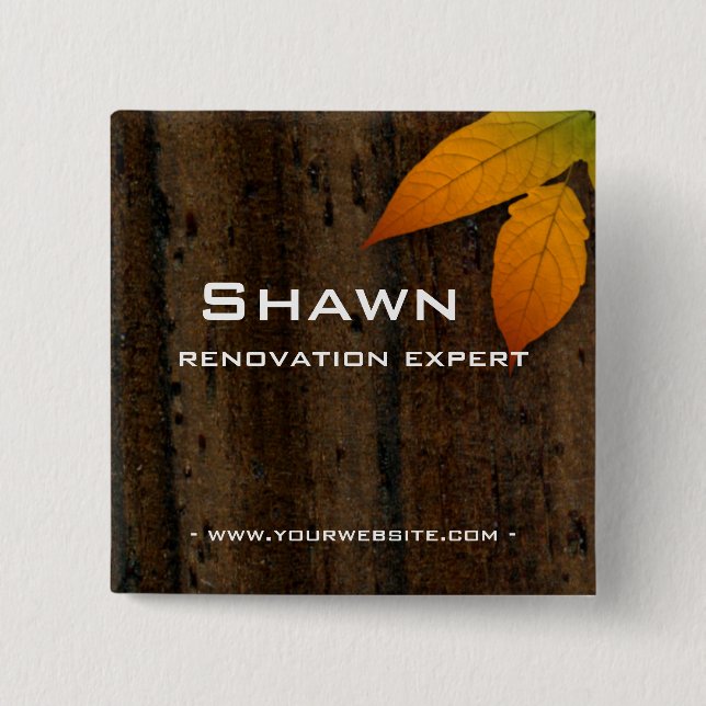 Name Tag Button Wood Grain Leaf Construction (Front)