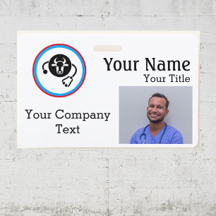 Name Tag with Veterinarian Cow, Text PHOTO ID ID Badge