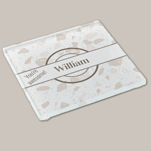 Name, Tan and Beige Terrazzo Pattern Glass Coaster