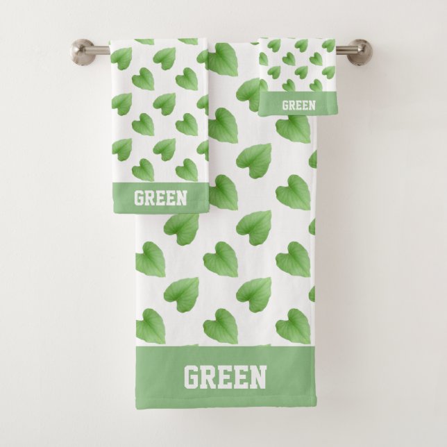 Name Text and Green Leaves on White  Bath Towel Set (Insitu)
