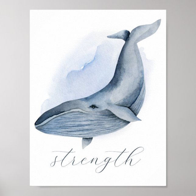 Name Text Blue Watercolor Baleen Humpback Whale Poster (Front)