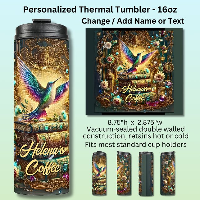 Name Text, Hummingbird & Jewelled Books Thermal Tumbler (Creator Uploaded)