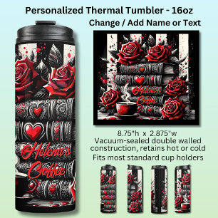 Name Text, Red Roses Hearts & Books Thermal Tumbler