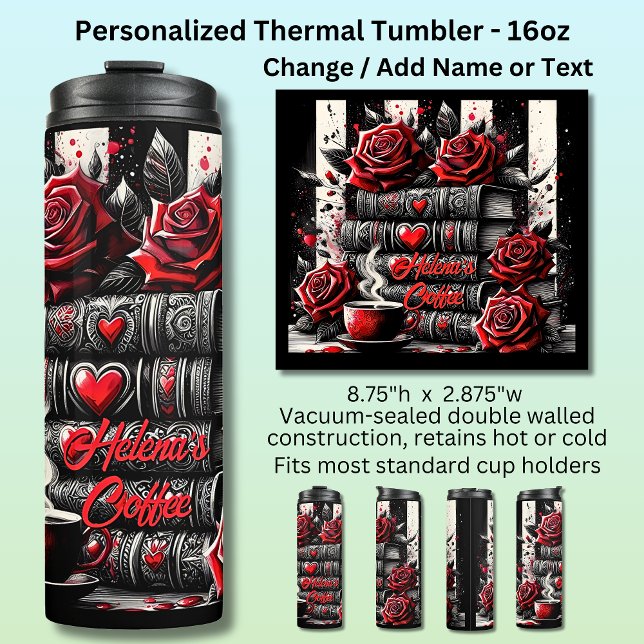 Name Text, Red Roses Hearts & Books Thermal Tumbler (Creator Uploaded)