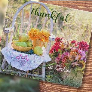 Name, Thankful Autumn Wildflowers Glass Cutting Board