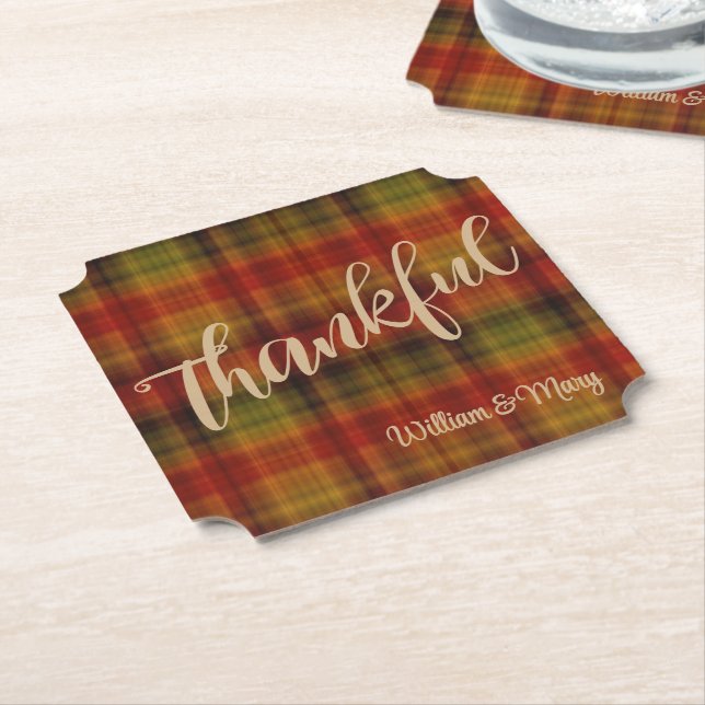 Name, Thankful Plaid Pattern Autumn Ticket Shape Paper Coaster (Angled)