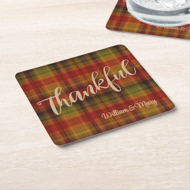 Name, Thankful || Rich Autumn Plaid Pattern Square Paper Coaster (Angled)
