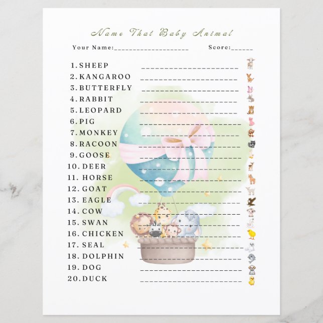 "Name that Baby Animal Game" Sage Green Animal Saf (Front)