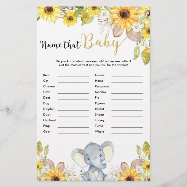 Name that baby animals baby shower game (Front)