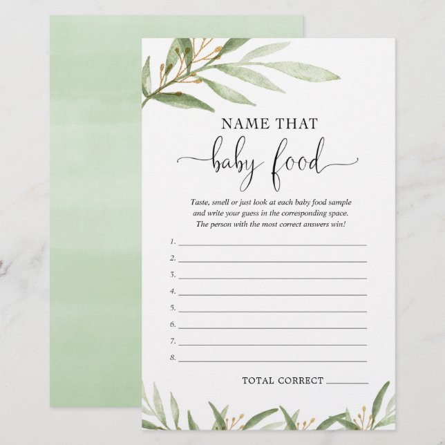 Name that baby food baby shower game greenery gold (Front/Back)