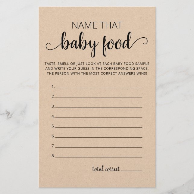 Name That Baby Food Baby Shower party game (Front)
