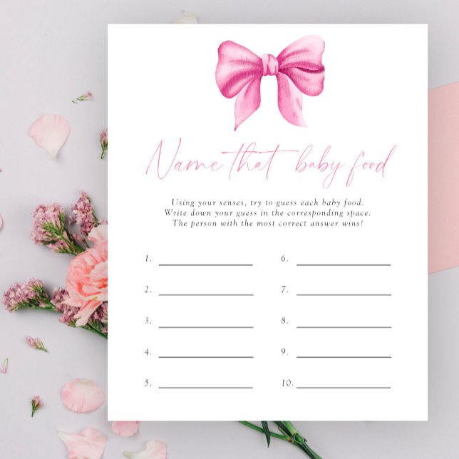 Name that baby food shower game - pink bow theme (Creator Uploaded)