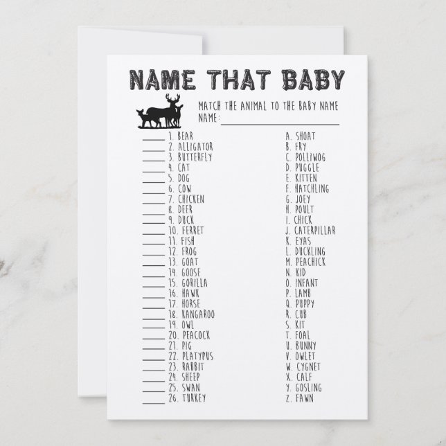 Name That Baby Shower Game, Baby Animals Matching Invitation (Front)