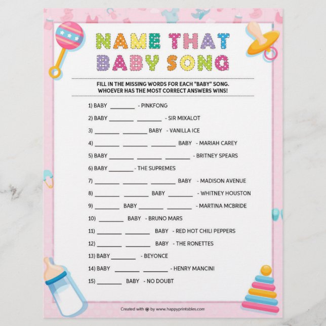 Name That Baby Song [Baby Basics Pink] Custom Letterhead (Front)