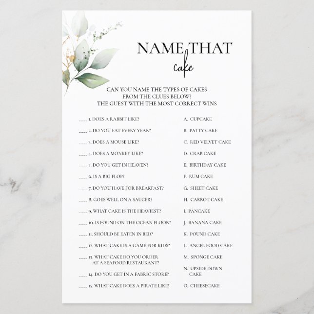 Name That Cake Greenery Bridal Game (Front)